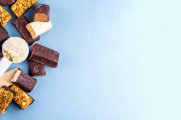 Different taste of protein bars and snacks