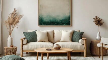 Stylish living room featuring a comfortable couch and artistic details