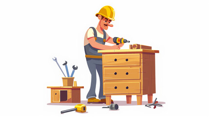 A man in a blue work uniform is using a power drill to make a hole in a piece of wood. He is wearing a hard hat and safety goggles to protect his head and eyes from flying debris