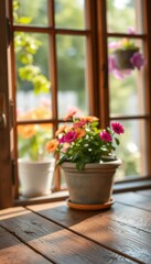 Fototapeta premium Rustic wooden table against blurred summer window, flower pot in view, stock photo, interior, macro