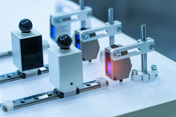 transducer on industrial machine robot in assembly line working in factory. Smart factory industry 4.0 concept.