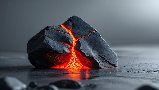 Glowing Red Lava Inside Cracked Dark Gray Stone.