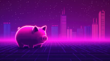 Neon Piggy Bank in Futuristic Cityscape at Night, Vibrant Colors, Digital Art, Urban Background, Financial Concept, Retro Futurism Aesthetic