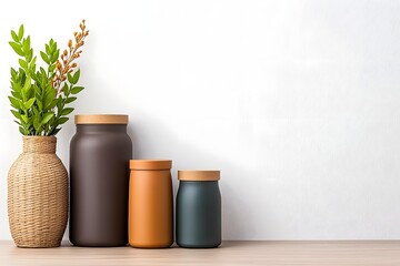 Stylish assortment of cardboard wicker and metal storage containers arranged on a light wooden table