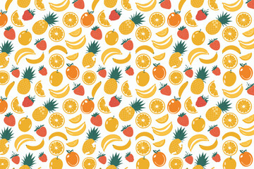 Seamless pattern with fruits. Banana, pineapple, strawberry, and orange food background vector.