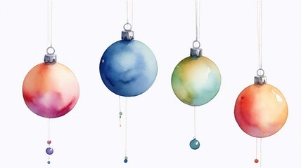 Fototapeta premium Multicolored Christmas tree balls hanging on thin threads. White background, watercolor shimmers, play of light and shadow. Minimalism, elegance