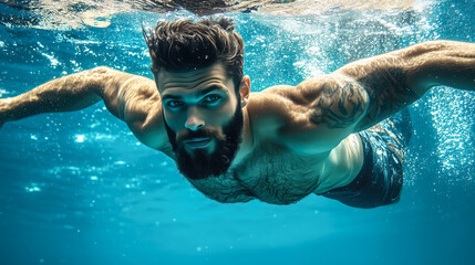 Fototapeta premium A professional male swimmer glides through the water in a swimming pool with strength and precision. The concept of athleticism, endurance, and the dedication of competitive swimming. Generative AI.
