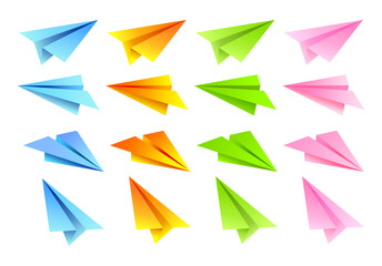 3D model of origami aircraft in different color and direction. Aircraft paper set vector.