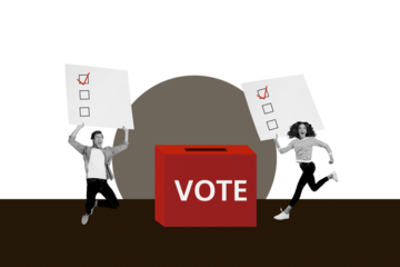 Composite trend artwork 3D sketch image photo collage of vote election politics president government man lady hold checklist make choice