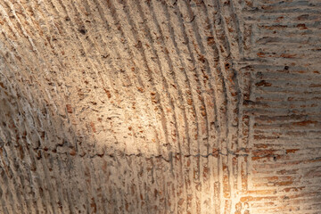 Close-up of an ancient arched ceiling with rough, textured brick and mortar. The weathered patterns...