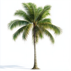 Obraz premium Isolated Coconut Palm Tree Photo on White Background: Tropical, Vacation, Beach Vibes, Green, Full Shot, Tall Trunk, Summer Imagery.