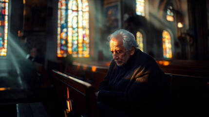 Obraz premium Elderly European man prays quietly in a church with vibrant stained glass windows during early morning light