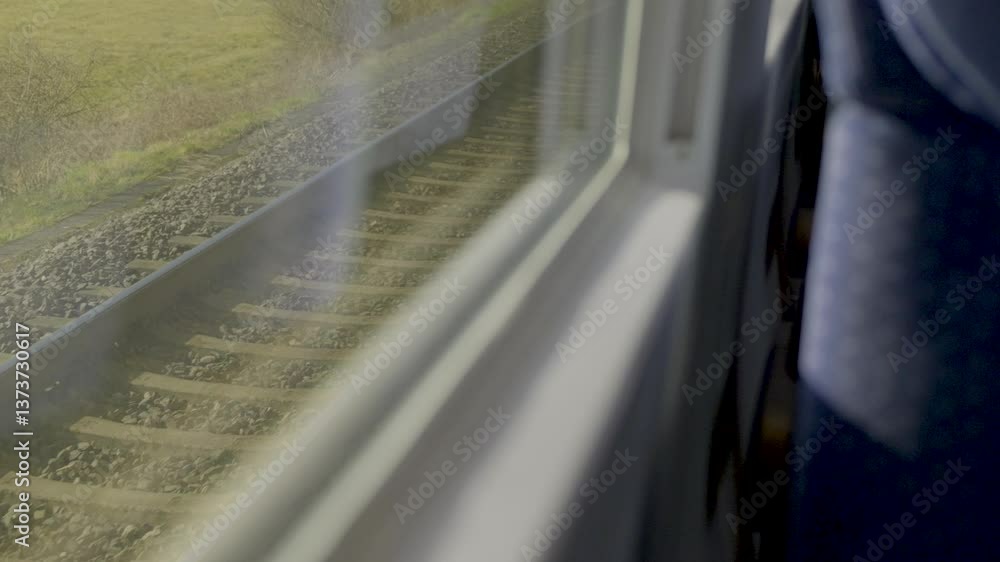 Poster view from inside a moving german ice train with rails visible through the window