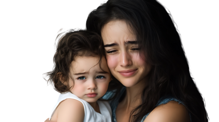Grief's Embrace: Tender moment captured as a mother comforts her child, tears streaming down their faces, revealing a shared bond of sorrow and resilience