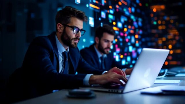 Businessmen use laptops to searching, managing and access information in files online document database for efficient archiving and company data and document management system DMS concept