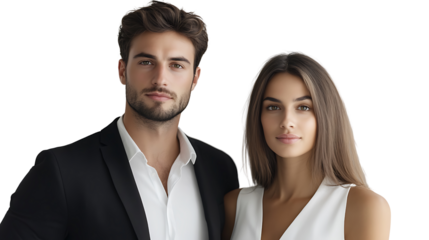 Modern Professional Portrait: A striking portrait of a sophisticated man and woman, dressed in formal attire, exuding confidence and poise in a professional setting.