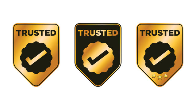 Trusted Badges Collection: Gold and Black Trusted Labels with Check Marks, Shields, and Stars for Certification, Security, and Quality Assurance