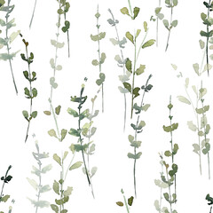 Watercolor pattern leaves, green branches, flowers botanical illustration isolated on transparent background	