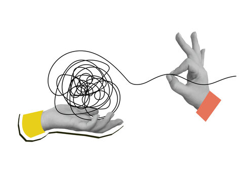 A hand pulls a thread from a tangled ball in other hand. Concept of problem solving and eliminating uncertainty. Modern photo collage style. Illustration on transparent background