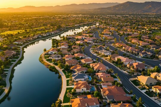 Menifee Aerial View: Subdivision Rooftops in Top-Down Perspective at Sunset