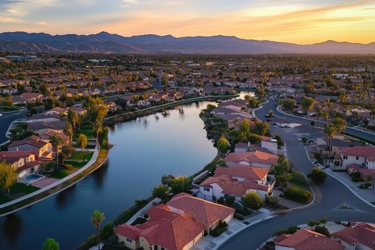 Menifee Aerial View: Suburban Style Architecture of Wealthy Neighborhood at Sunset