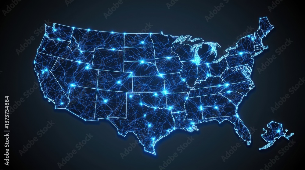Poster united states map with network of connected lines illustrating communication and transportation infr