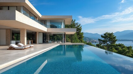 Fototapeta premium Luxurious modern villa with infinity pool and stunning mountain lake view