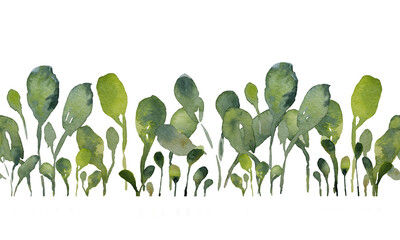 Watercolor border of leaves, green branches, grass, botanical illustration isolated on transparent background	