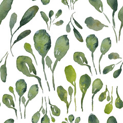 Watercolor pattern leaves, green branches, flowers botanical illustration isolated on transparent background	