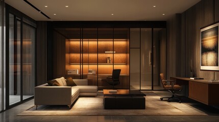 Modern home office interior design with warm lighting and elegant furniture