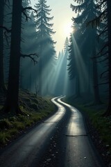 Fototapeta premium Sunlit Path Winding Through a Misty Forest of Tall Evergreen Trees
