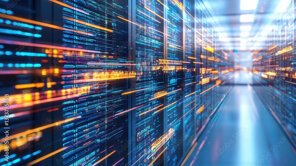 Poster modern server rack in a high-tech data center showcasing big data strategy and advanced information 