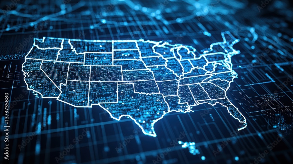 Poster map of the united states highlighting key locations in blockchain audit systems and digital network 