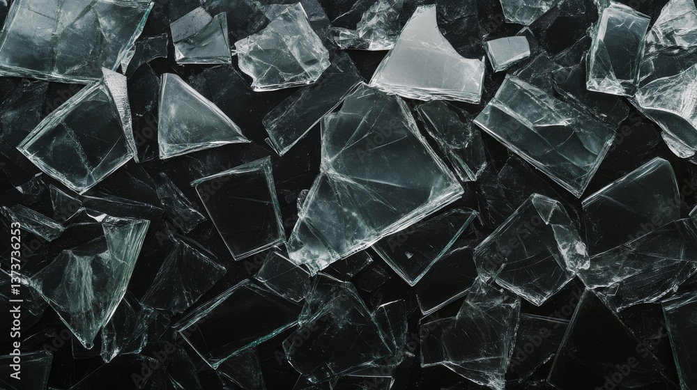 Poster jagged and irregularly shaped glass shards scattered across a black background, capturing intricate 