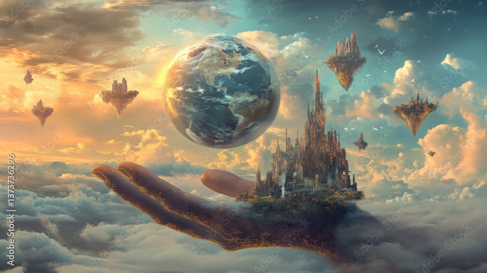 Aufkleber surreal digital artwork showing earth hovering above a floating city, surrounded by ethereal clouds 