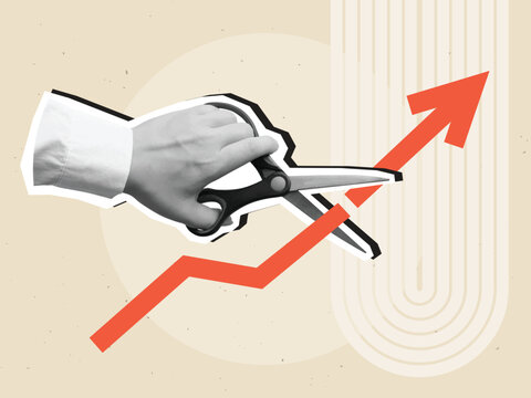 A hand cuts a red growth arrow with scissors. Modern photo collage style. Vector illustration