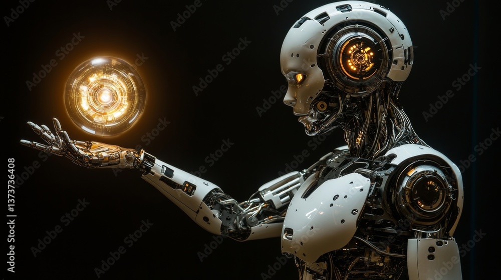Poster a detailed humanoid robot with intricate mechanics holds a glowing energy sphere in a dark futuristi
