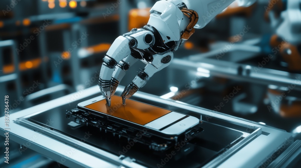 Poster a robotic hand carefully placing a smartphone on a conveyor in a high-tech factory. represents advan