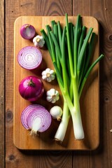 Aromatic Culinary Trio Vibrant Red Onions, Fresh Scallions, and Fragrant Garlic Cloves Arranged on a Rustic Wooden Cutting Board
