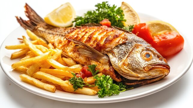 Mojarra. Colombian Fried Fish Dish with French Fries and Cilantro on White Background