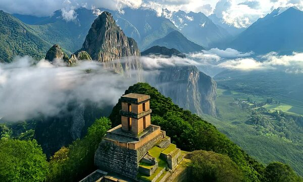 Ancient city in Peru, archeological site in the middle of tropical mountain forest, beautiful panorama with mountains and clouds