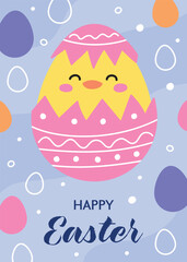 Colourful Easter greeting card with cute chick in egg. Cartoon style design. Vector illustration