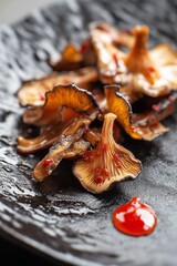 Sautéed mushrooms with chili flakes on a black plate, topped with red sauce