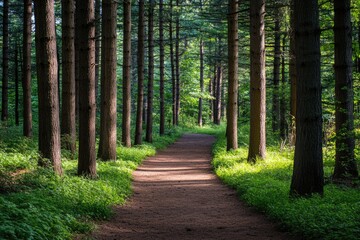 Fototapeta premium Morton Arboretum Trail. Spruce Forest Path in Green Wooded Nature