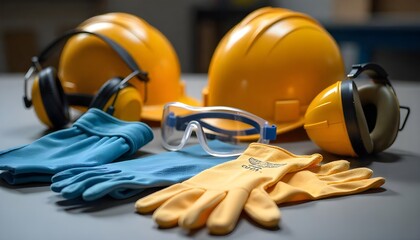 A set of personal protective equipment (PPE) neatly arranged on a table, including gloves, goggles, ear protection, and a hard hat, perfect for World Day of Safety and Health at Work