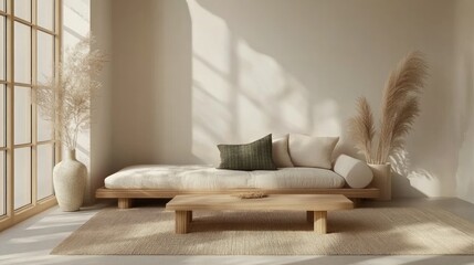 Minimalist living room features a daybed with neutral tones