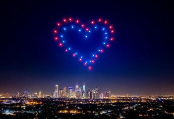 Downtown skyline meets a heart of drones, uniting the city lights below with a display of affection high in the night sky.