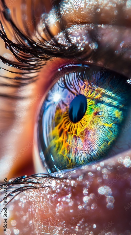Poster captivating macro image of a human eye with a dazzling multicolored iris, shimmering surface reflect