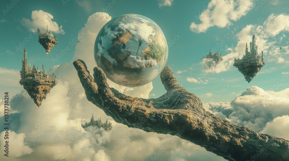 Poster a unique depiction of earth resting in a weathered stone hand, surrounded by floating castles and cl