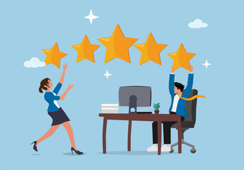 Business teamwork analyzing employee satisfaction survey and performance ratings, five stars feedback concept, improving customer service experience, corporate engagement strategy discussion, team hol